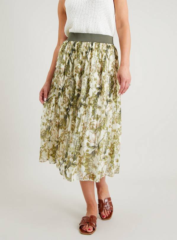 White & Green Floral Pleated Chiffon Skirt 12